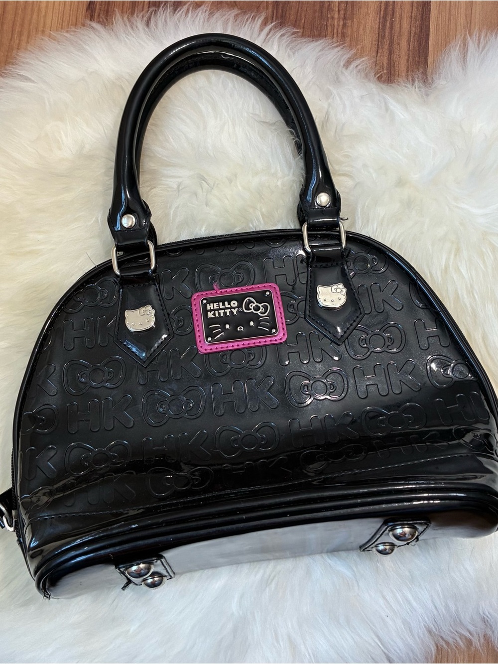 Loungefly Hello Kitty Embossed Handbag Black Patent Bowler Bag